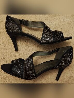 Y2K Metaphor Stella Studded Peep Toe Pumps.